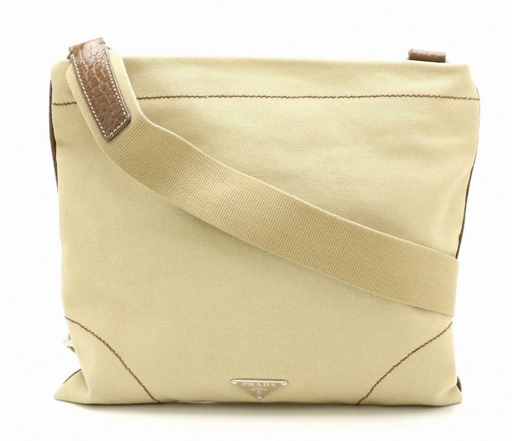 Prada Crossbody Bag Canvas Jacquard Leather Beige Brown Cream Brown